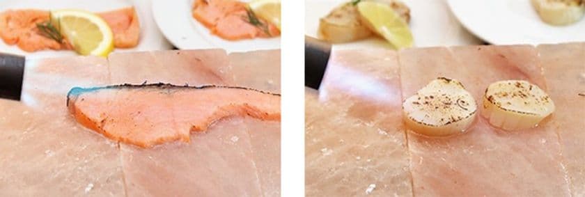 目の前で仕上げる「イルマーレ・シェフズキッチン」
ヒマラヤ産 岩塩プレート焼き
“「安芸の島の実」エクストラバージンオリーブオイル”と共に