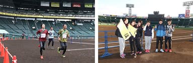 左から）グラウンドで記念撮影する様子、グラウンドで記念撮影する様子