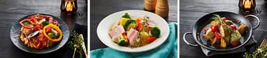 （左から）～海の幸のパエリア～、～サフラン風味のポトフ～、～ポルケッタとじゃがいものロースト～