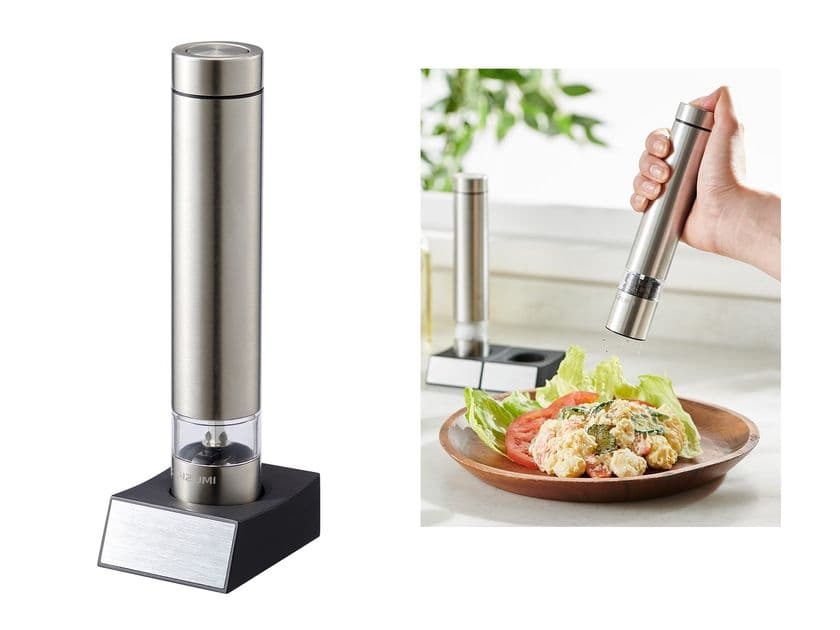 キッチンに馴染む、スタイリッシュなデザイン。
片手でワンプッシュ！簡単使いやすい「電動ミル」新発売