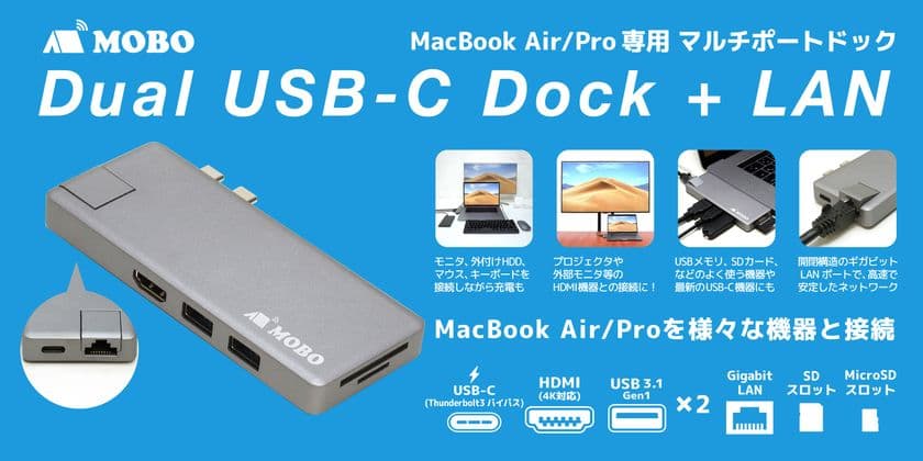 MacBook Air／Proを便利に拡張！
USB-Cマルチポートドック新モデルを発売　
HDMIやUSB、カードリーダーに加えて
ギガビット・イーサネットポートも簡単増設