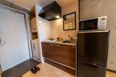 キッチン、冷蔵庫、電子レンジ完備