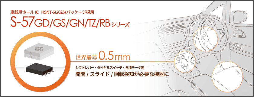 世界最薄パッケージ採用 車載用ホールIC ラインアップ拡充 S-57GD/S-57GS/S-57GN/S-57TZ/S-57RBシリーズを発売
