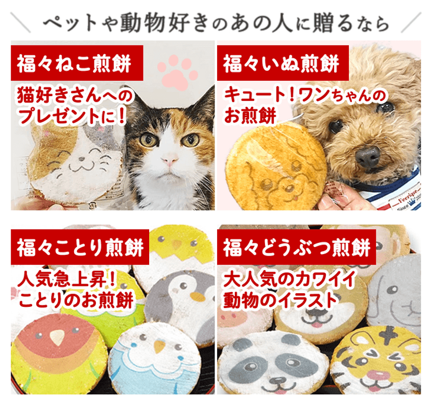 動物の表情をプリントしたかわいい煎餅ギフト　
9月より全商品が揃い販売開始！