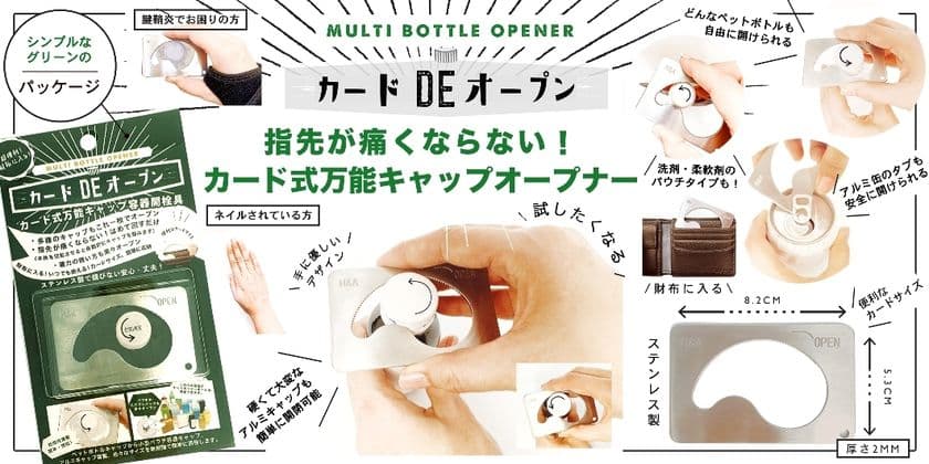 新登場！指先が痛くならない！多種類の飲料容器キャップが簡単に
開けられる！「カード式万能キャップ容器開栓具」好評販売中！