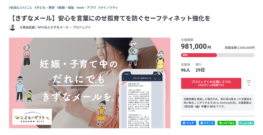 “孤育て予防”在住外国人向け「きずなメール やさしい日本語版」
制作を目的としたクラウドファンディングを1/22まで実施