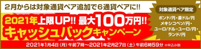 ＦＸプライムｂｙＧＭＯ、
【最大100万円】をキャッシュバック！
2月からは対象通貨ペア追加で6通貨ペアに！