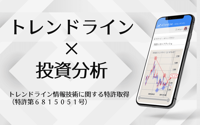 業界初、株価トレンドラインによる
統計的な投資分析を行う技術で特許を取得！
～急騰期待の銘柄抽出AIシステム(特許6815051号)～