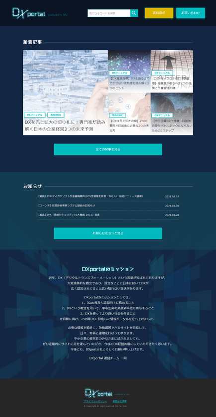 企業の課題である
「デジタルトランスフォーメーション(DX)」の推進を
強力に後押しするポータルサイト『DXportal』を公開
