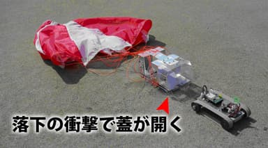 落下の衝撃で蓋が開く様子