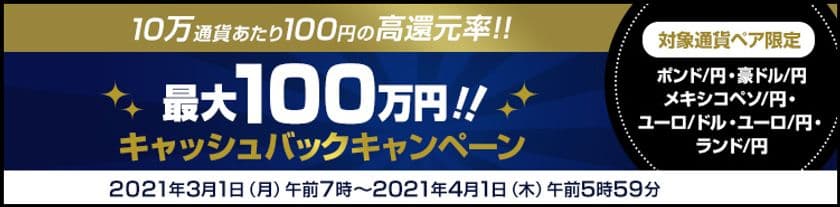 ＦＸプライムｂｙＧＭＯ、【最大100万円】の
複数通貨ペアキャッシュバックキャンペーン継続！