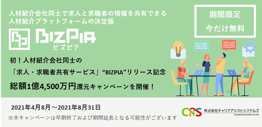 業界初！人材紹介会社同士の
「求人・求職者共有サービス」“BIZPIA”リリース記念　
総額1億4,500万円還元キャンペーンを開催！