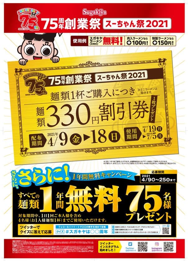 スガキヤの75周年創業祭「スーちゃん祭」が
4月9日から期間限定で開催　
麺類330円割引券や、麺類1年間無料の特典がもらえるチャンス