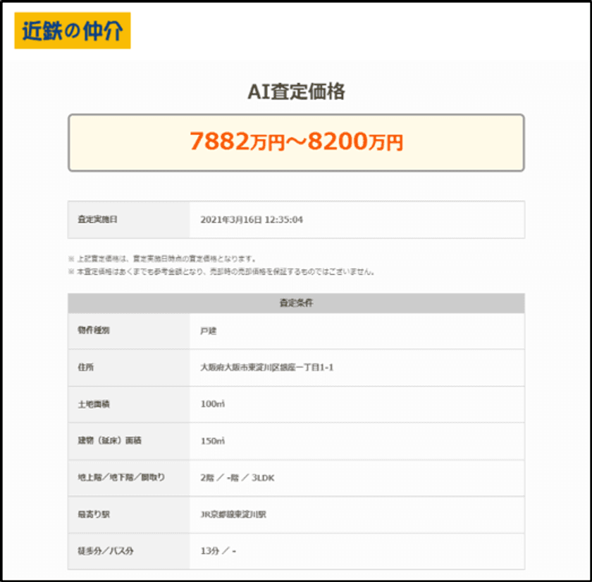 新サービス「近鉄のＡＩ不動産査定」を
３月２５日（木）から導入
SREホールディングスの不動産価格推定エンジンを
活用した高精度のＡＩ査定により、
瞬時に推定物件価格を算出