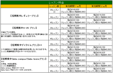 2021Gaba 夏の短期集中プラン料金表