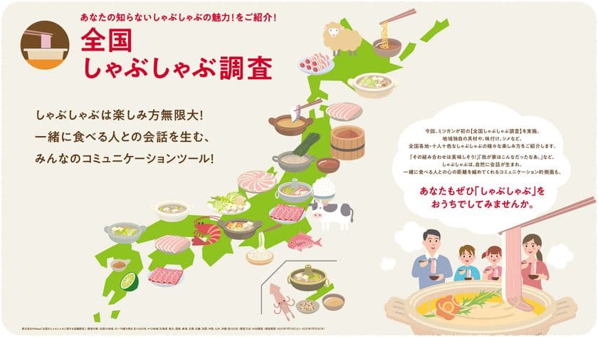 ミツカン【全国しゃぶしゃぶ調査】
人気具材は豚肉と白菜。具材をしゃぶしゃぶする回数は平均3.89回　
北海道は“ラムしゃぶ”、近畿は“ぶりしゃぶ”など
地域の特色も明らかに