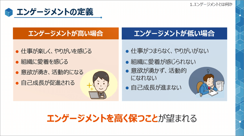 eラーニング「基礎から学ぶエンゲージメント講座」を
2021年9月28日(火)に提供開始　
～やりがいを持って働き、従業員も会社も成長するために～