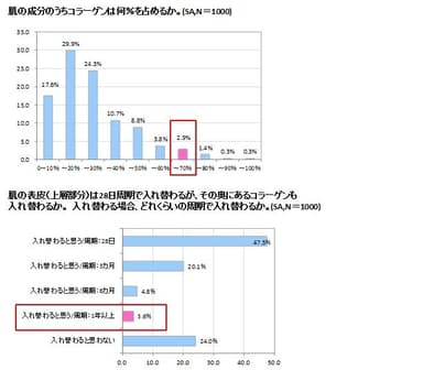 グラフ(肌の成分のうちコラーゲンは何％を占めるか／肌の表皮(上層部分)は28日周期で入れ替わるが、その奥にあるコラーゲンも入れ替わるか。入れ替わる場合、どれくらいの周期で入れ替わるか)
