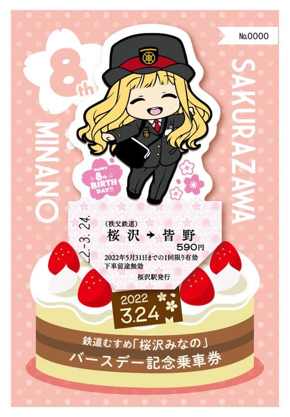 鉄道むすめ「桜沢みなの」8回目のバースデー記念　
キャラクター型乗車券を3月19日に発売
