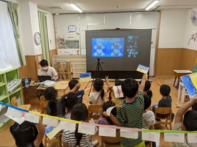 みんな手作りの国旗を持って交流会に参加
