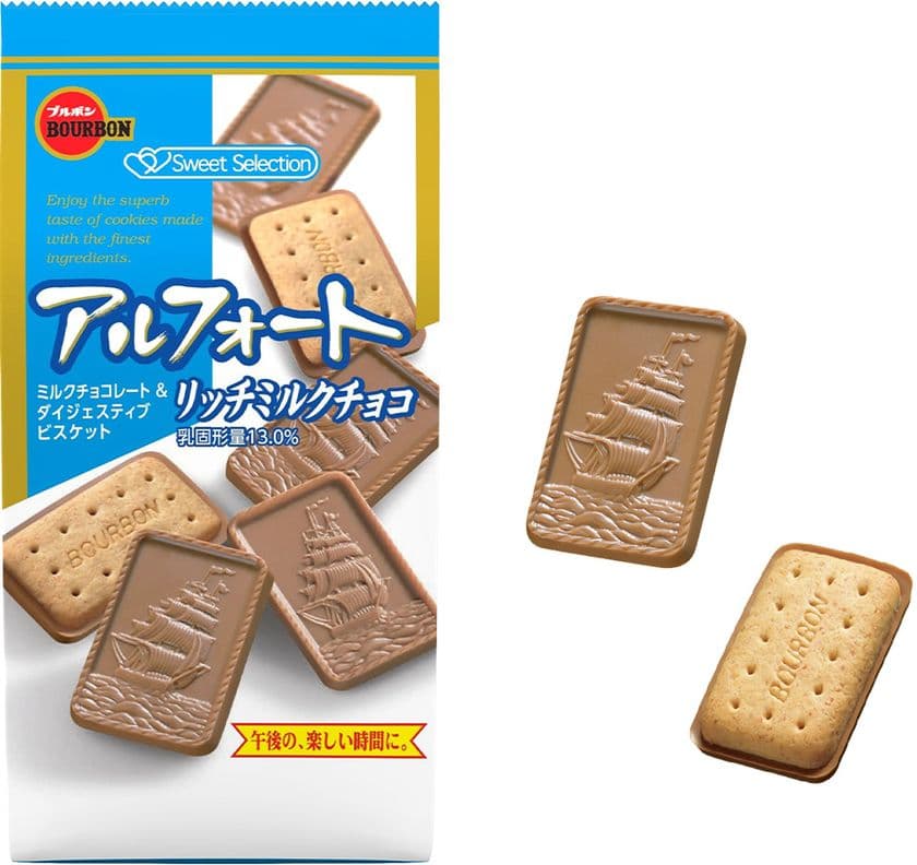ブルボン、オリジナルなチョコビスケット「アルフォート」に
ミルクのコク豊かな「アルフォートリッチミルク」を
1月4日(水)に新発売！