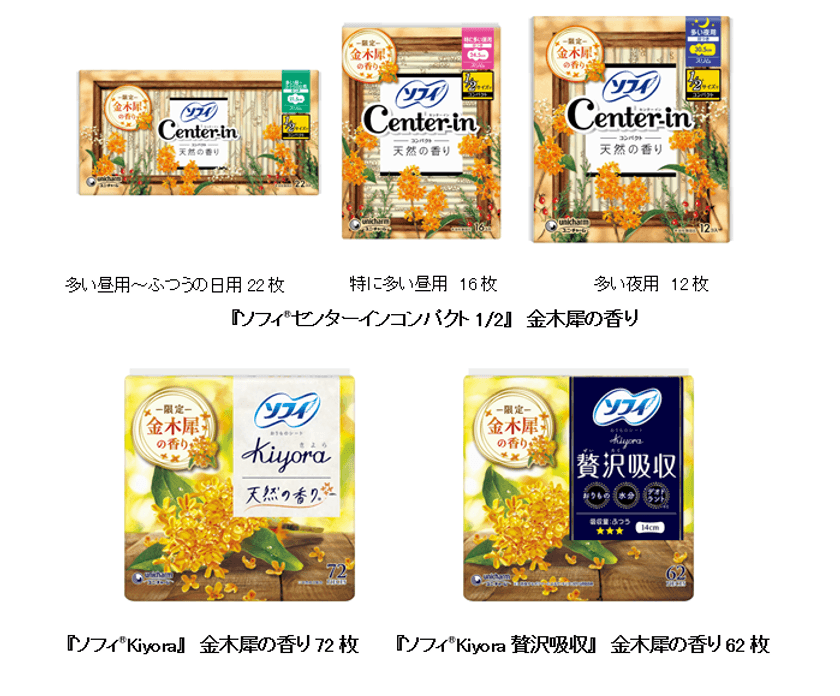 秋の訪れを感じさせる“金木犀の香り”を期間限定品として発売　
『ソフィ(R)センターインコンパクト1/2』『ソフィ(R)Kiyora』
『ソフィ(R)Kiyora贅沢吸収』