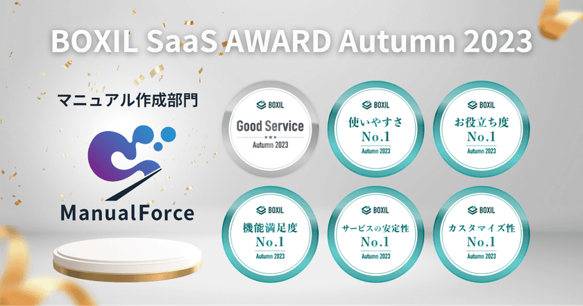 ManualForce、「BOXIL SaaS AWARD Autumn 2023」
マニュアル作成部門で「Good Service」ほか5つのNo.1に選出
