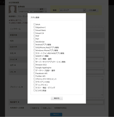 フリーランススキル登録画面