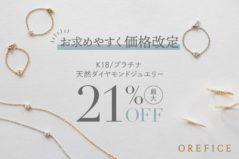 ≪値下げ≫ オレフィーチェが品質やサービスはそのままに
天然ダイヤモンドK18ジュエリー13商品を最大21％値下げ
