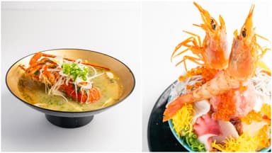 左から伊勢海老汁／彩り海鮮丼周年Ver.
