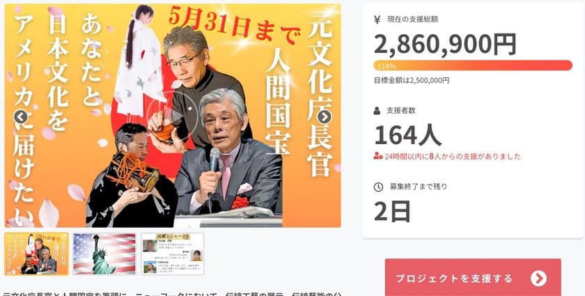 元文化庁長官・人間国宝を筆頭にNYで国際文化交流を実施　
5月31日までのクラウドファンディングで目標金額250万円を達成
