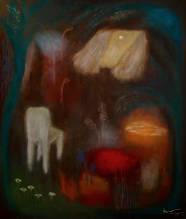 「月をみる部屋」455x530mm  acrylic&#44;oilpastel