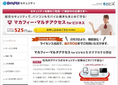 「マカフィー・マルチアクセス for ビジネス」のページ