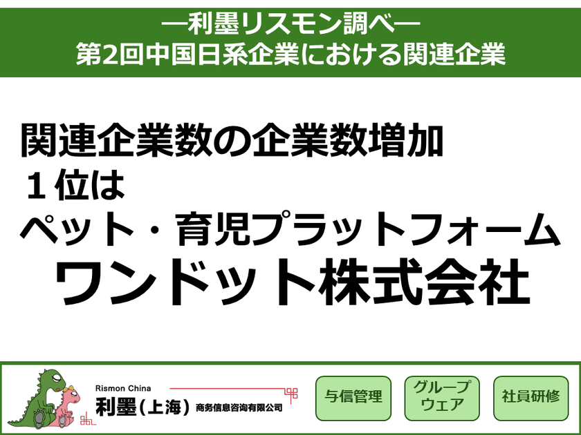 「第2回中国日系企業の関連企業数」調査レポートを発表　
　 ～関連企業の増加数1位はペット・
育児プラットフォームを展開するワンドット～