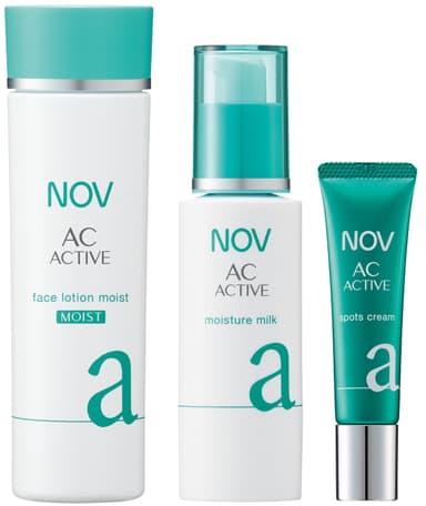 ［写真左から］【医薬部外品】 ノブ ＡＣアクティブ フェイスローション モイスト 135mL 3,000 円（税抜） 、【医薬部外品】 ノブ ＡＣアクティブ モイスチュアミルク 50mL 3,000 円（税抜）、 【医薬部外品】 ノブ ＡＣアクティブ スポッツクリーム 10g 2,500 円（税抜）
