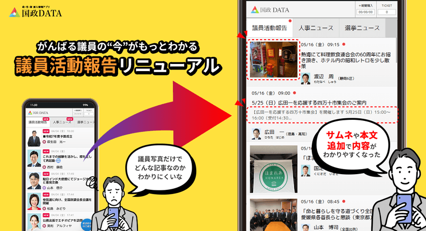 国会議員の日々の活動がひと目で分かりやすくアップデート！
政・官・財 要人情報アプリ「国政DATA」がリニューアル