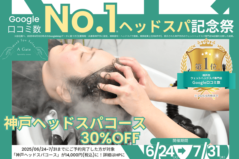 【Google口コミ数No.1ヘッドスパ記念祭】
“ベタつく夏に頭皮をサッパリ”
人気の「神戸ヘッドスパコース」20,000円(税込)が
30％オフで受けられるキャンペーン！
神戸の「A Gate ヘッドスパ専門店」が
2025年6月24日(火)よりキャンペーン開催！