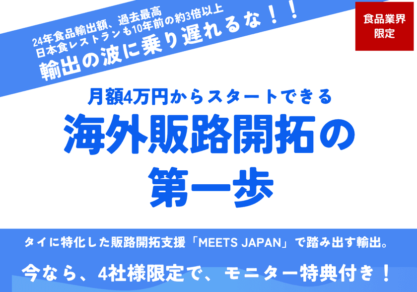＜食品業界限定＞月額4万円～始める
タイ特化・販路拡大支援サービス「Meets Japan」が
限定4社の特別モニター特典を開始