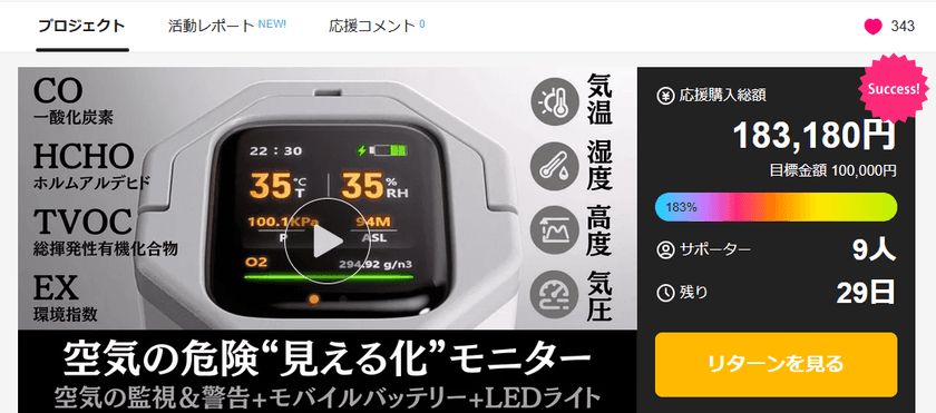 “空気の危険を見える化”
MEMSセンサー搭載ポータブル空気モニター　
Makuake先行販売開始17時間で目標達成！