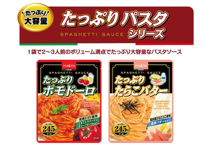 大容量パスタソース『たっぷりパスタ』シリーズの新商品
「ポモドーロ」「たらこバター」の2品が9月1日に発売！