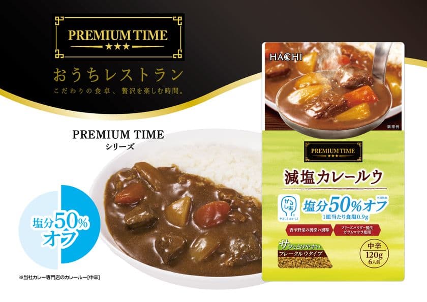 食材と製法にこだわった『PREMIUM TIME』シリーズに
かるしお(R)認定商品
「減塩カレールウ 中辛」が9月1日新登場！