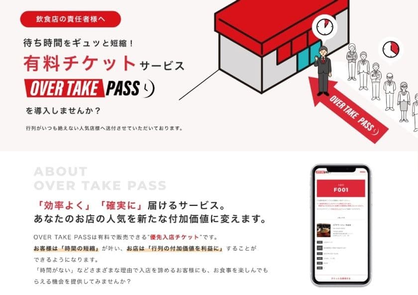 待ち時間を追い抜かすことができる優先券を販売し、
キャパ一杯のお店の売上をさらに上げる「OVER TAKE PASS」に
追加機能で「無料で使える」「整理券システム」が付加され、
いよいよリリースされました！