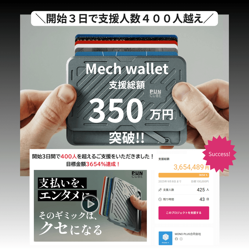 ＜開始わずか3日で支援額350万円突破！＞
世界10万人が愛用する「Mech Wallet」が日本初上陸！
7/25よりGREEN FUNDINGで先行販売開始！