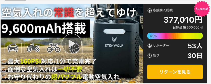 わずか3日で目標金額達成！空気入れの常識が変わる　
話題の大容量バッテリー搭載の空気入れ「ZEPHYR V3 Pro」を
Makuakeにて先行販売