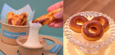 凍ったバスクを冷たいのびるソースにディップする「のびるバスチーディップつき凍らせバスク」(写真左)／お土産にぴったりな箱菓子の新商品「チーズドーナッツ」(写真右)を8月1日より発売！