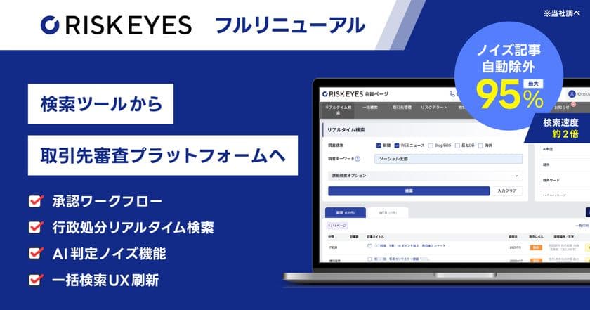 反社チェック SaaS『RISKEYES(リスクアイズ)』
全面リニューアル　
～AIノイズ判定で最大95％のノイズ記事を自動除外、
承認ワークフローを搭載し「検索ツール」から
取引先審査プラットフォームへ進化～　