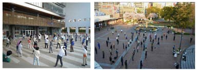 ラジオ体操会の様子（左＝御影駅前、右＝尼崎駅前）