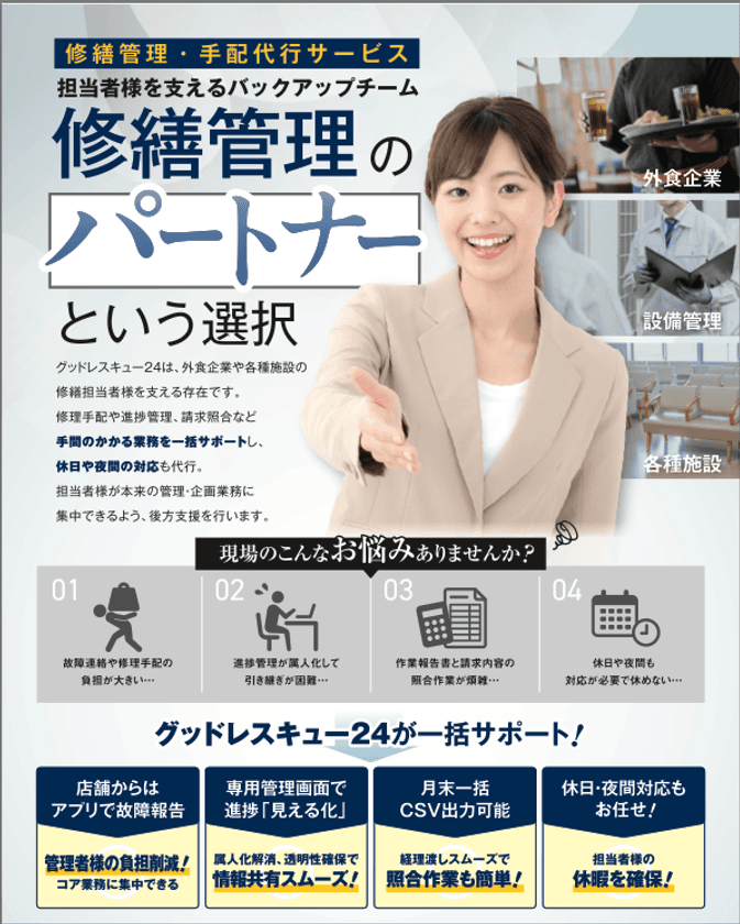 グッドレスキュー24、修繕管理手配代行サービスの対象を
設備管理会社・学校・病院・商業施設など幅広い分野に拡大