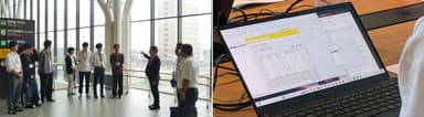左：新函館北斗駅にて視察中、右：ローコード開発にてロボット開発