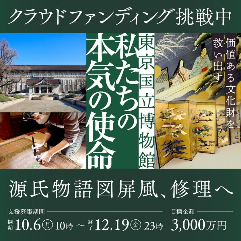 取り壊し間近の民家で発見された伝土佐光孚(とさみつざね)筆
「源氏物語図屏風」(江戸時代 19世紀)修理へご支援を　
東京国立博物館が、3千万円を目標にクラウドファンディングを開始